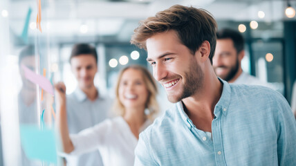 Smiling young man in casual shirt brainstorming with colleagues using sticky notes on glass wall in modern office space