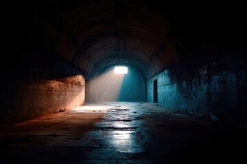 Naklejka premium A long tunnel with a light shining down on it