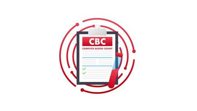 Complete blood count test with clipboard and blood sample tube on white and blue background