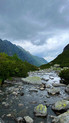 Mountain stream flowing through rocky valley under dramatic sky