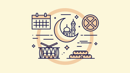 ramadan and eid symbols set including crescent moon over mosque, drum, food plate, islamic calendar and spiritual icons in vector design