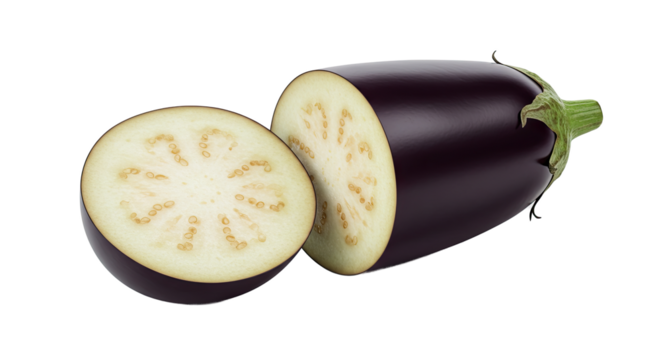 A close up shot of a sliced fresh eggplant isolated on a solid black background