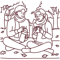 Line art of couple sitting on fallen leaves in warm clothes, holding thermos and cups. Peaceful autumn park moment with hot drinks and quiet bonding