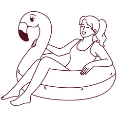 Black and white line art of woman in swimsuit relaxing on flamingo float in swimming pool during summer