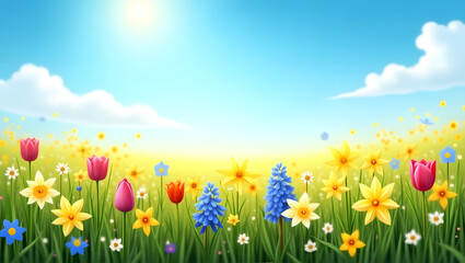 Fototapeta premium Spring scene with blooming flowers and clear skies.