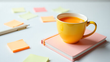 bright orange drink rests sunny yellow cup soft pink notebook set blurred white background filled scattered pens