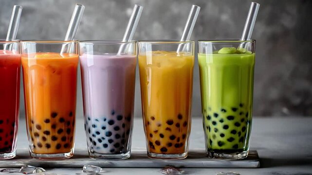 Colorful bubble teas in tall glasses with tapioca pearls. Pan right. 4K.
