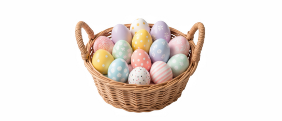 Colorful Easter eggs in woven basket create festive atmosphere, perfect for spring celebrations and family gatherings