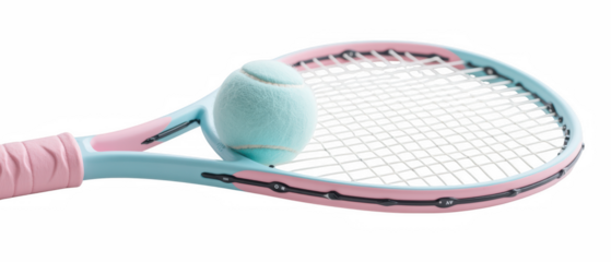 Vibrant tennis racket with soft blue tennis ball resting on strings, showcasing playful design and colors
