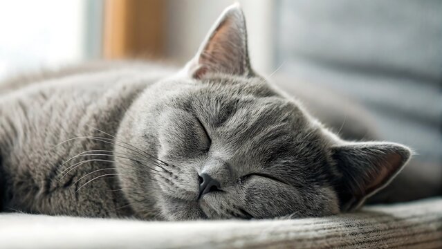 Peaceful grey cat sleeping soundly with eyes closed on a soft surface