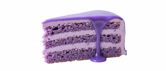 Delicious purple cake slice with creamy frosting, showcasing layers of vibrant color and smooth texture, perfect for dessert lovers