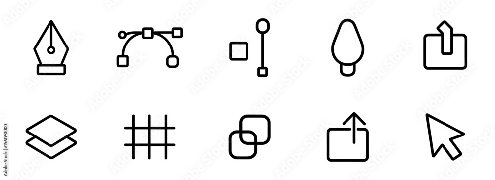 Poster minimalistic linear icon set: design, editing tools in a simple outline style