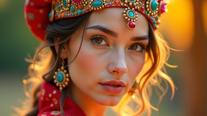 shot captures woman face framed intricate colorful ornate headpiece set soft focus background warm natural