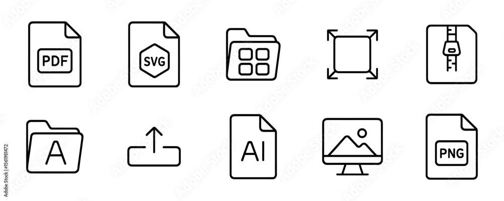 Aufkleber file format outline icon set. document, zip, font outline collection for digital use