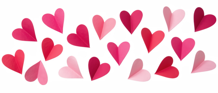 Colorful paper hearts in various shades of pink and red arranged in playful pattern, evoking feelings of love and joy