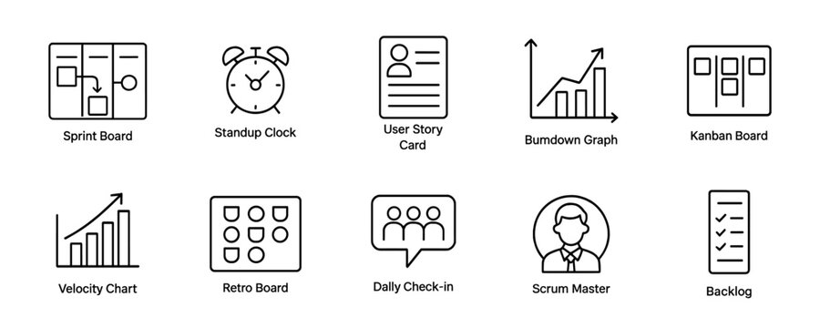 Agile and scrum outline icon set. project management and workflow tools outline collection