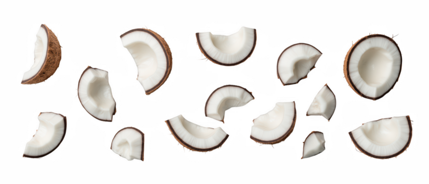 Coconut pieces arranged artistically, showcasing white flesh and brown shell, perfect for culinary use or tropical themes