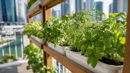 Vertical Herb Garden with City Buildings