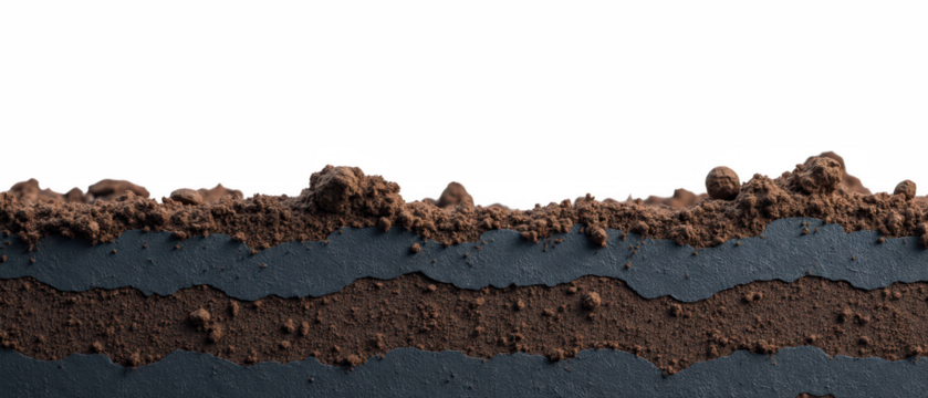 Rich brown soil layers with dark blue sediment create textured surface, showcasing natural beauty of earth composition