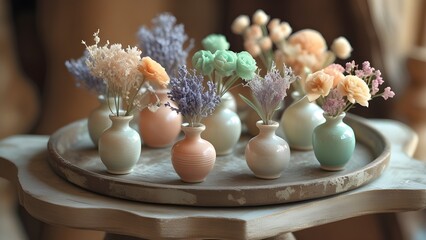 &ldquo;Pastel Mini Vases with Dried Flowers on Wooden Tray, Minimalist Home Decor&rdquo;