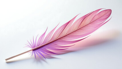 delicate iridescent bird feather showcases varied pink purple hues slender surface illuminated soft natural light