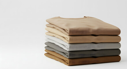 Neatly stacked pile of folded neutral-toned shirts.