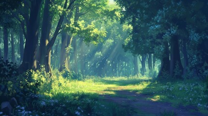 Obraz premium Morning in a tranquil forest with soft light filtering through trees