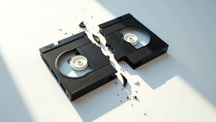 fragment iconic vhs tape artwork lies shattered white surface revealing radial pattern torn fabric intricate