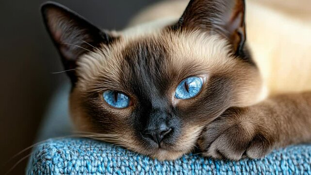 Lazy siamese cat relaxing on sofa with bright blue eyes and curious expression. International Cat Day - Powered by Adobe