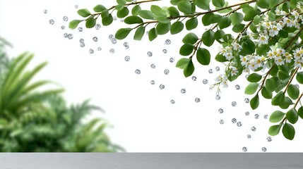 Obraz premium Refreshing Dew Drops on Branch: A tranquil scene of dew drops clinging to vibrant green leaves and delicate white blossoms on a branch, with a blurred background of lush greenery.