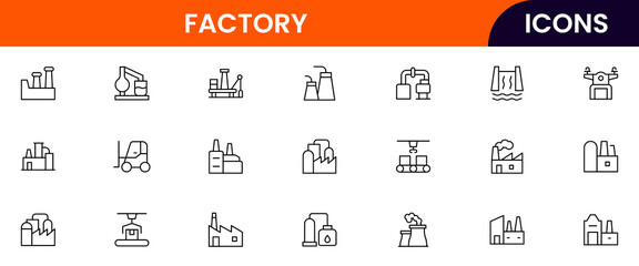 Factory vector web line icon collection, sleek illustrations of machinery, EV production, automation, and industrial tools for manufacturing designs.