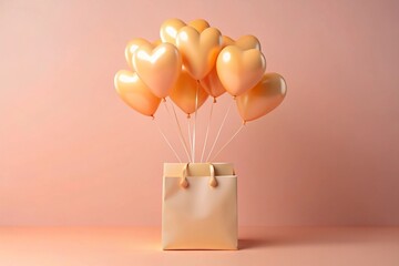 A group of pastel pink heartshaped balloons floats above a matching shopping bag, isolated on a pink background