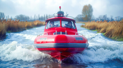 Red rescue boat navigating through water with splashes and reeds on the shoreline