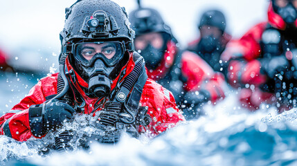 Diver in red wetsuit navigating through turbulent water with team in background