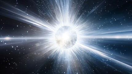 A holographic axis at the center of a radial light burst in cool white and silver, with streaming particles around.