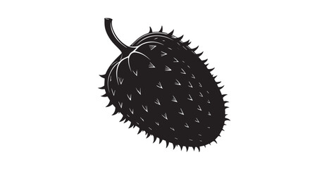 A detailed black and white illustration of a soursop fruit silhouette