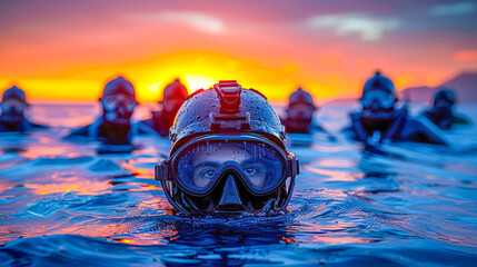 Scuba divers in ocean water at sunset with vibrant colors and dramatic lighting effects