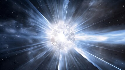 A holographic axis at the center of a radial light burst in cool white and silver, with streaming particles around.