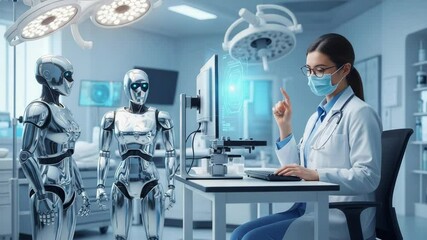 Medical Professional Interacting with Robots in High-Tech Laboratory - Powered by Adobe