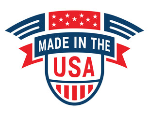 A sign that highlights products made in the USA. The design features red, white and blue with stars and stripes, showcasing American pride and craftsmanship.