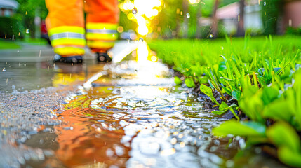 Worker in bright rain gear walking through puddles on a sunny day with vibrant greenery