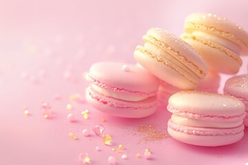 Obraz premium Close-up Photo of Delicate French Macarons in Pastel Colours, Arranged in a Pink Background.