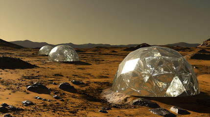 Martian landscape featuring crystalline web structures glowing under the low sun, resembling diamond networks.