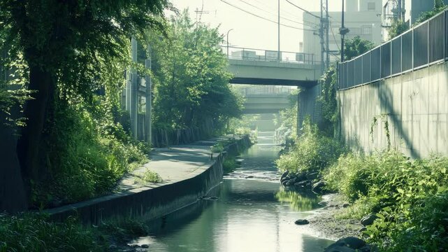 Nature and city life coexist along a river in an urban environment, with greenery lining the stream and trolley tracks running above.