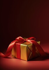 Elegant gold gift box with a red satin ribbon, dramatically lit by a spotlight on a rich red background to symbolize a luxurious special occasion.