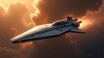sleek grey spaceship drifts serenely swirling nebula illuminated soft golden light dances across metallic hull