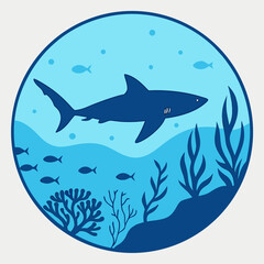 Naklejka premium Cute cartoon shark swimming in ocean water among seaweed and coral illustration