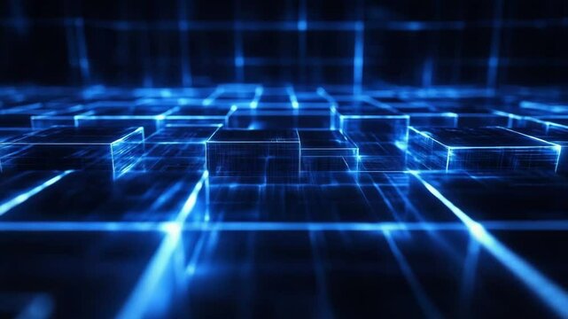 Abstract digital grid in blue neon light on dark background  