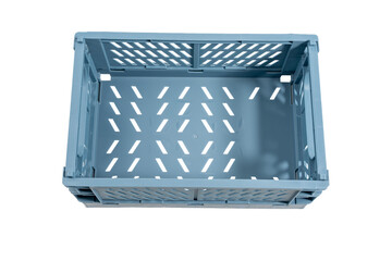 Top-down view of an empty blue plastic crate showing perforated bottom, isolated on a transparent background. Perfect for storage and transportation. Lightweight and well-ventilated design for fruits 