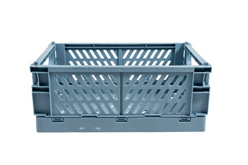 Blue plastic crate with ventilation slits, isolated on a transparent background. Perfect for storage and transportation.